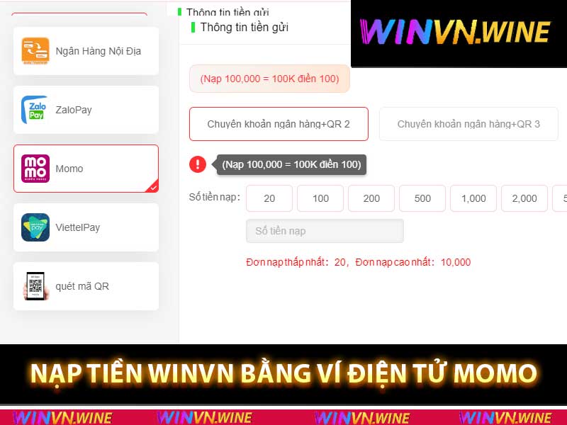 nạp tiền winvn bằng ví điện tử Momo